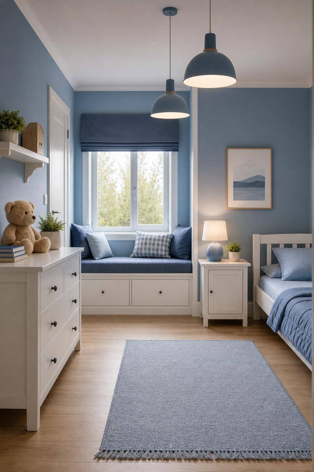Kinderzimmer in Blau- Platziere blaue Lampen für sanftes Licht