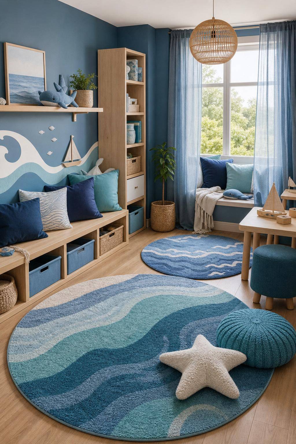 Kinderzimmer in Blau- Richte Spielbereiche mit Teppichen in Meeresfarben ein