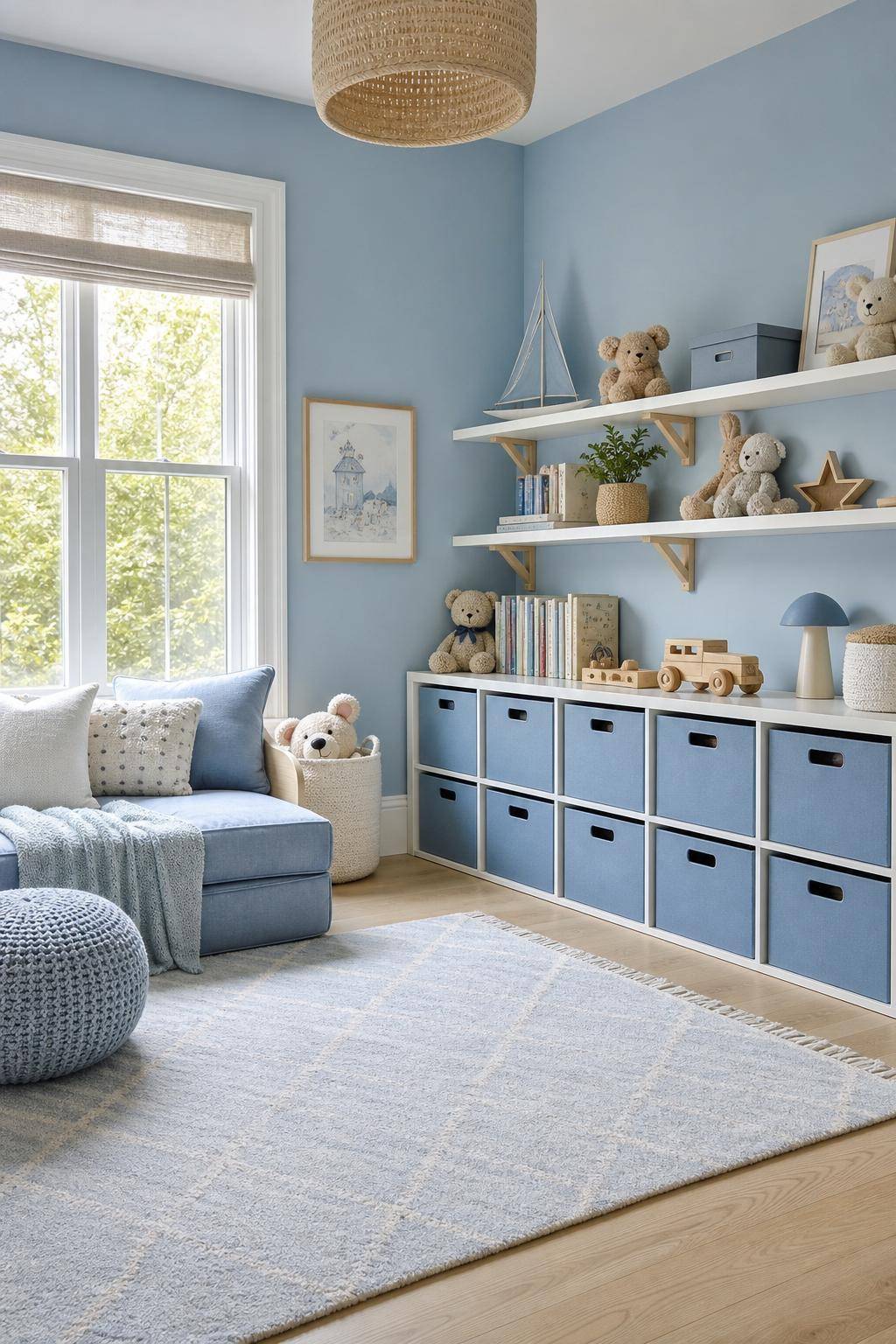 Kinderzimmer in Blau- Schaffe Stauraum durch blaue Aufbewahrungsboxen