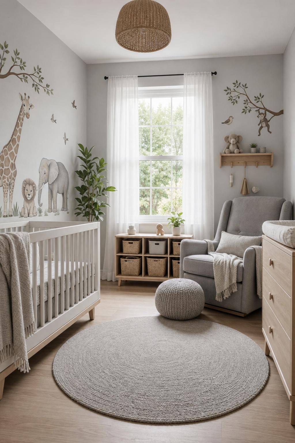 Kinderzimmer in Grau- Dekoriere mit Wandstickern im Tier-Design