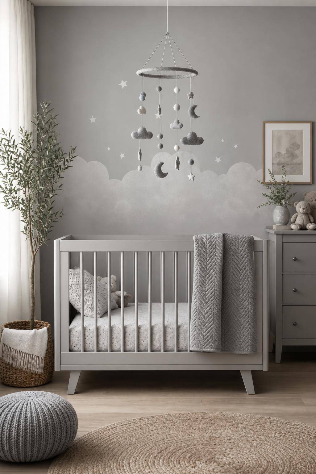 Kinderzimmer in Grau- Dekoriere mit grauen Mobiles über dem Bett