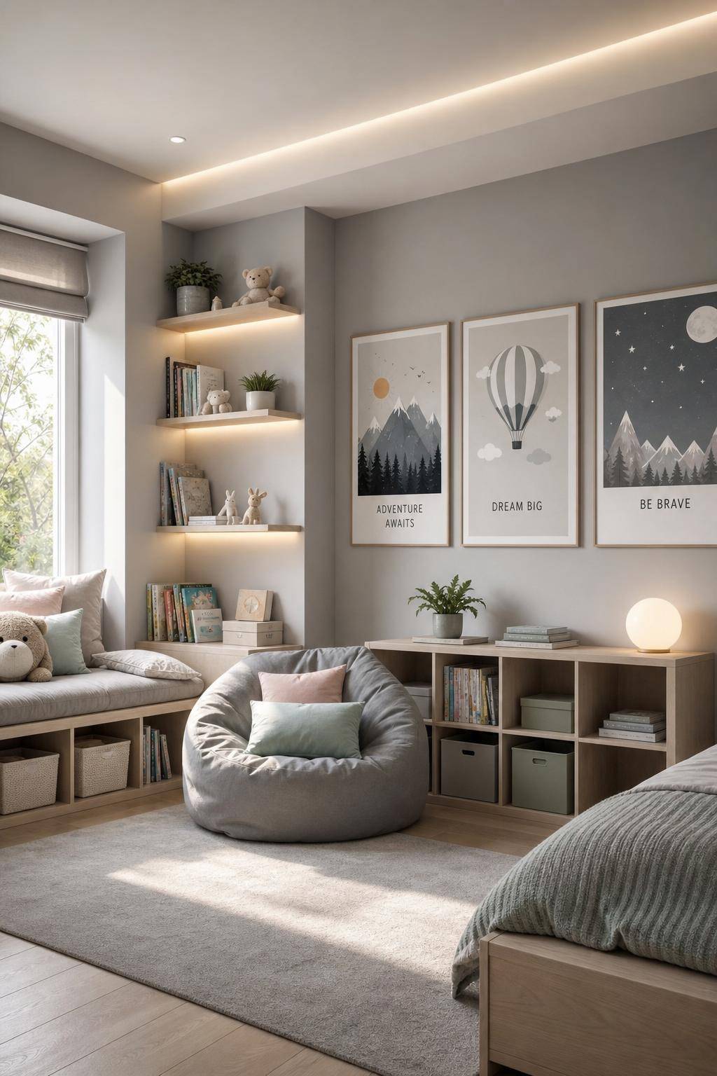 Kinderzimmer in Grau- Hänge inspirierende Poster in Rahmen auf
