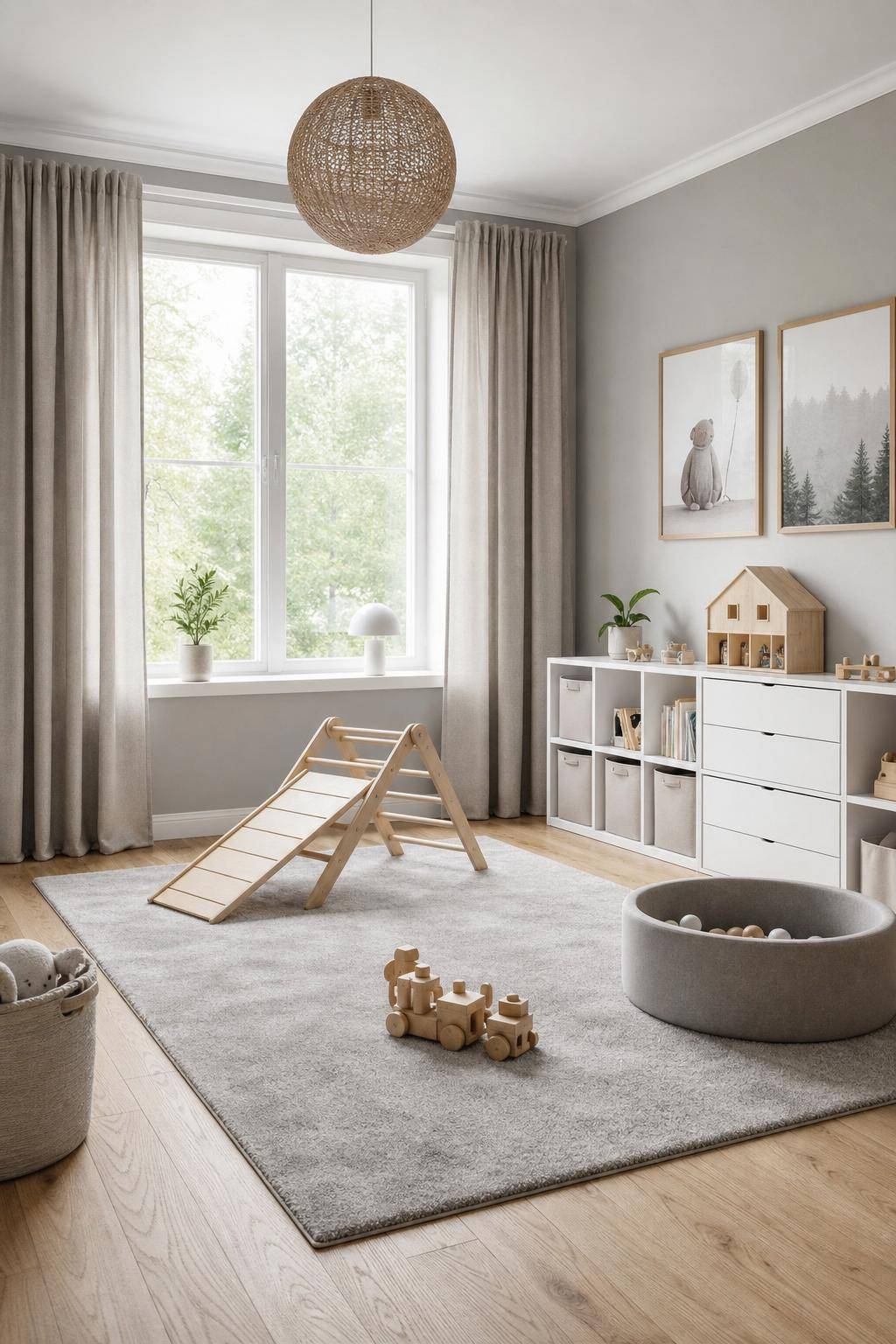 Kinderzimmer in Grau- Integriere Spielflächen durch Teppiche in Hellgrau