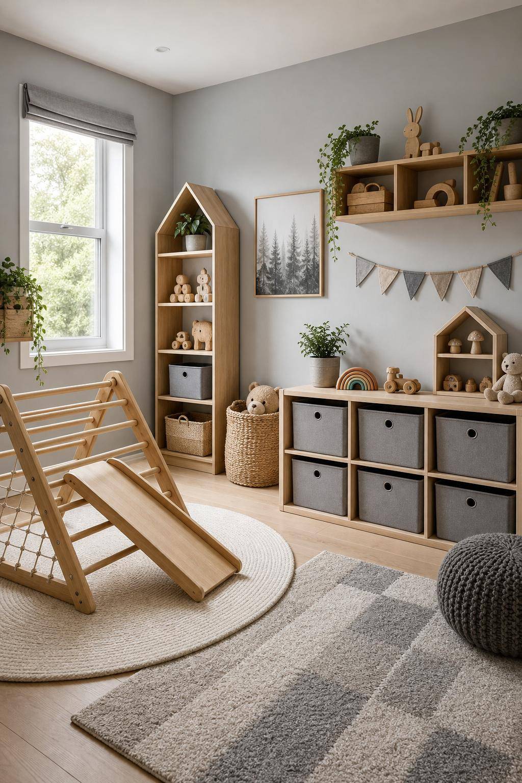 Kinderzimmer in Grau- Kombiniere Holzspielzeug mit grauen Elementen