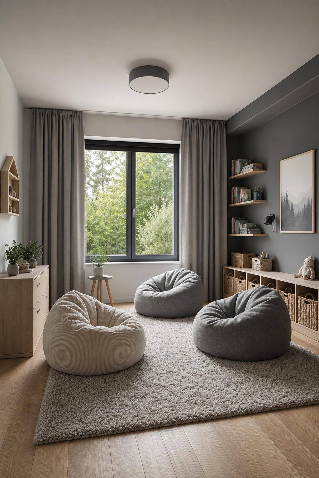 Kinderzimmer in Grau- Platziere Sitzsäcke für flexible Sitzplätze