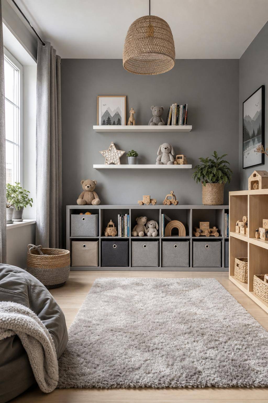 Kinderzimmer in Grau- Präsentiere Lieblingsspielzeug in offenen Boxen