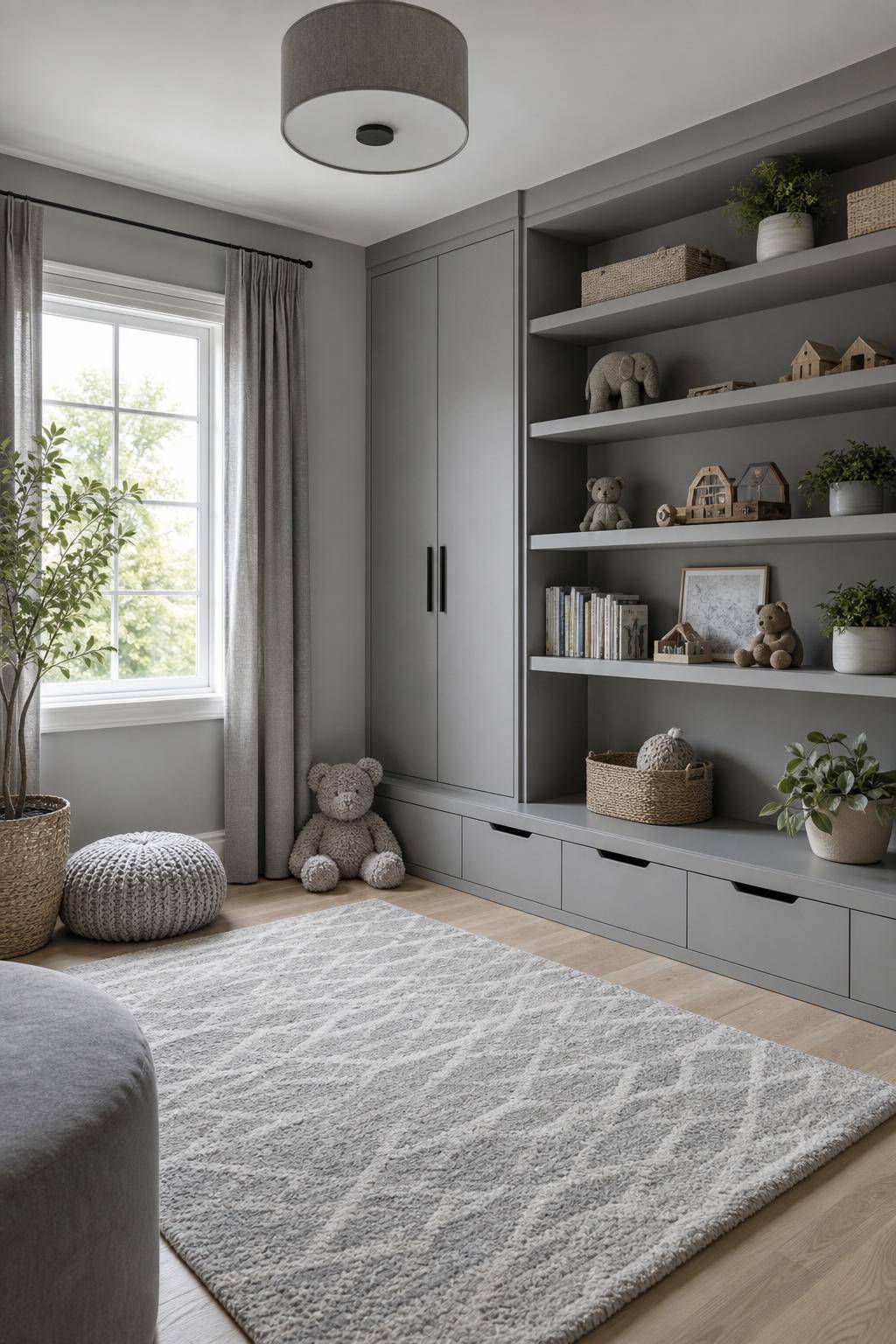 Kinderzimmer in Grau- Schaffe Stauraum mit grauen Regalen