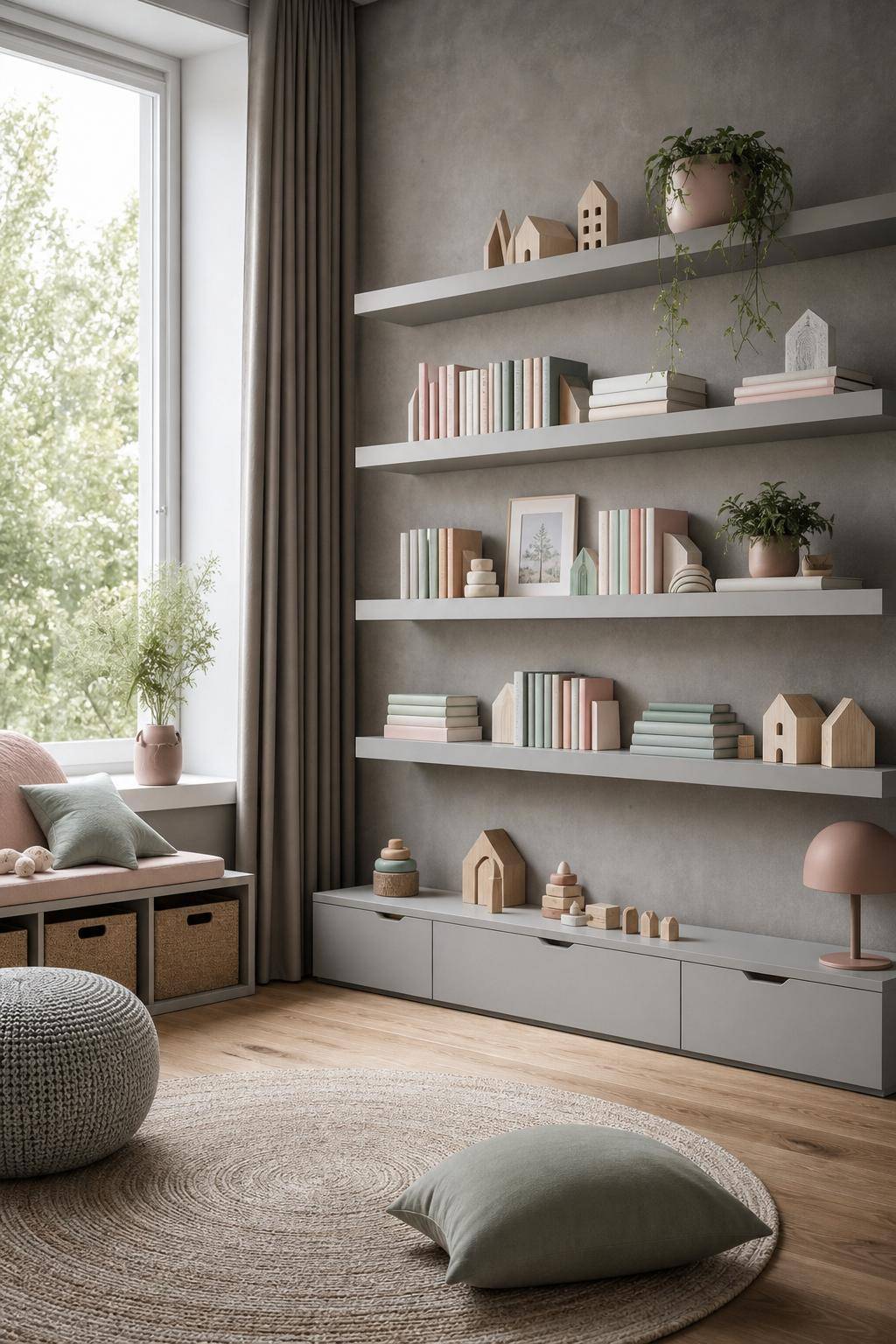 Kinderzimmer in Grau- Stapele Bücher auf grauen Wandboards