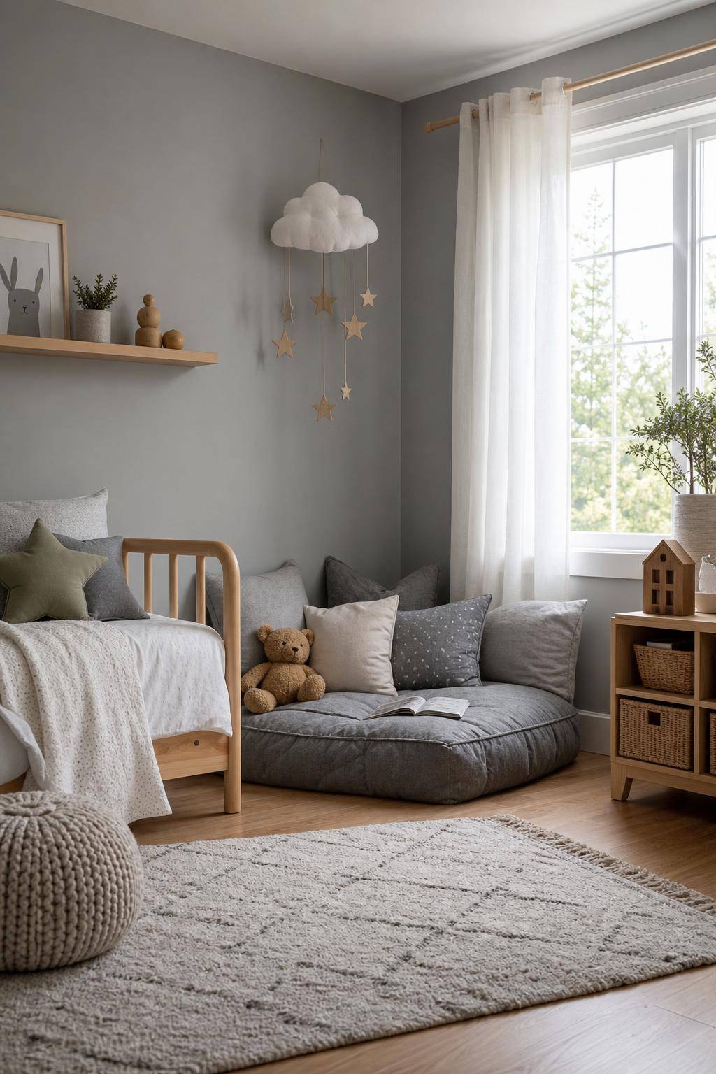 Kinderzimmer in Grau- Wähle Kuschelecken aus weichgrauen Kissen