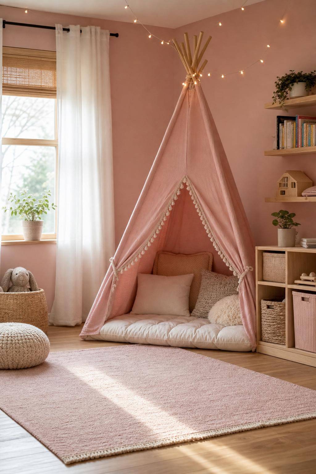 Kinderzimmer in Rosa- Baue ein Tipi-Zelt mit rosa Stoffen