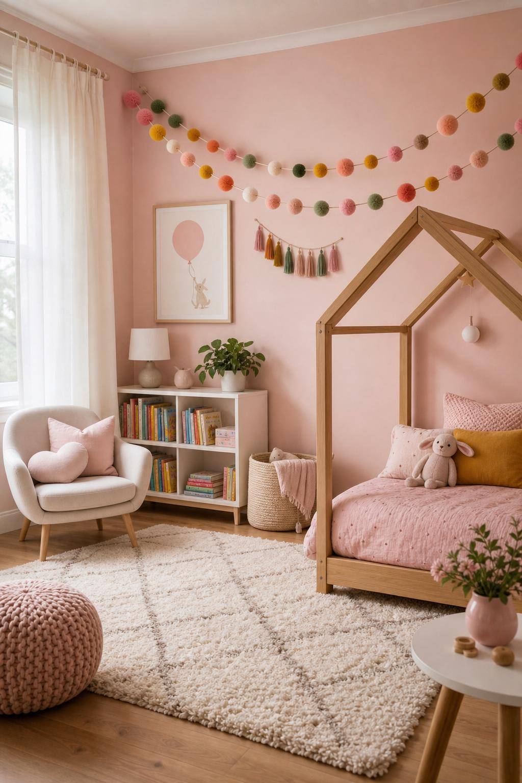 Kinderzimmer in Rosa- Dekoriere mit bunten Pompons und Girlanden