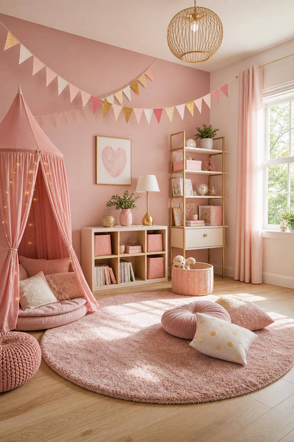 Kinderzimmer in Rosa- Hänge hübsche Girlanden und Banner auf