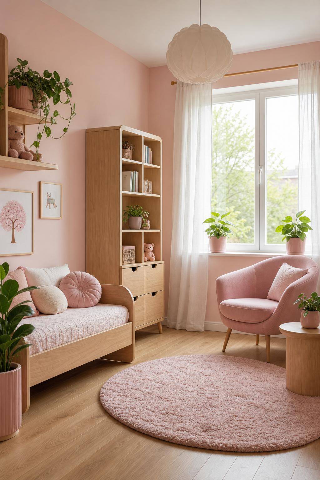 Kinderzimmer in Rosa- Integriere Pflanzen in rosa Übertöpfen