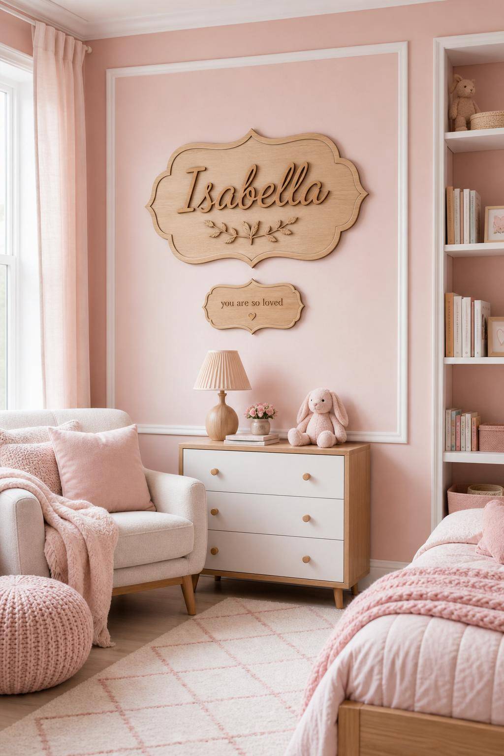 Kinderzimmer in Rosa- Integriere personalisierte Namensschilder ins Design