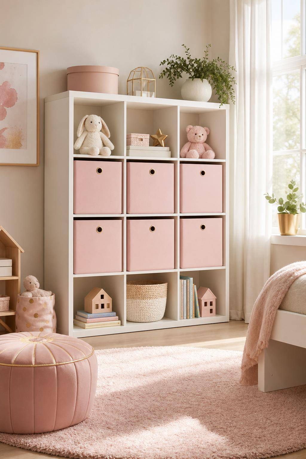 Kinderzimmer in Rosa- Organisiere Spielzeug in rosa Aufbewahrungsboxen
