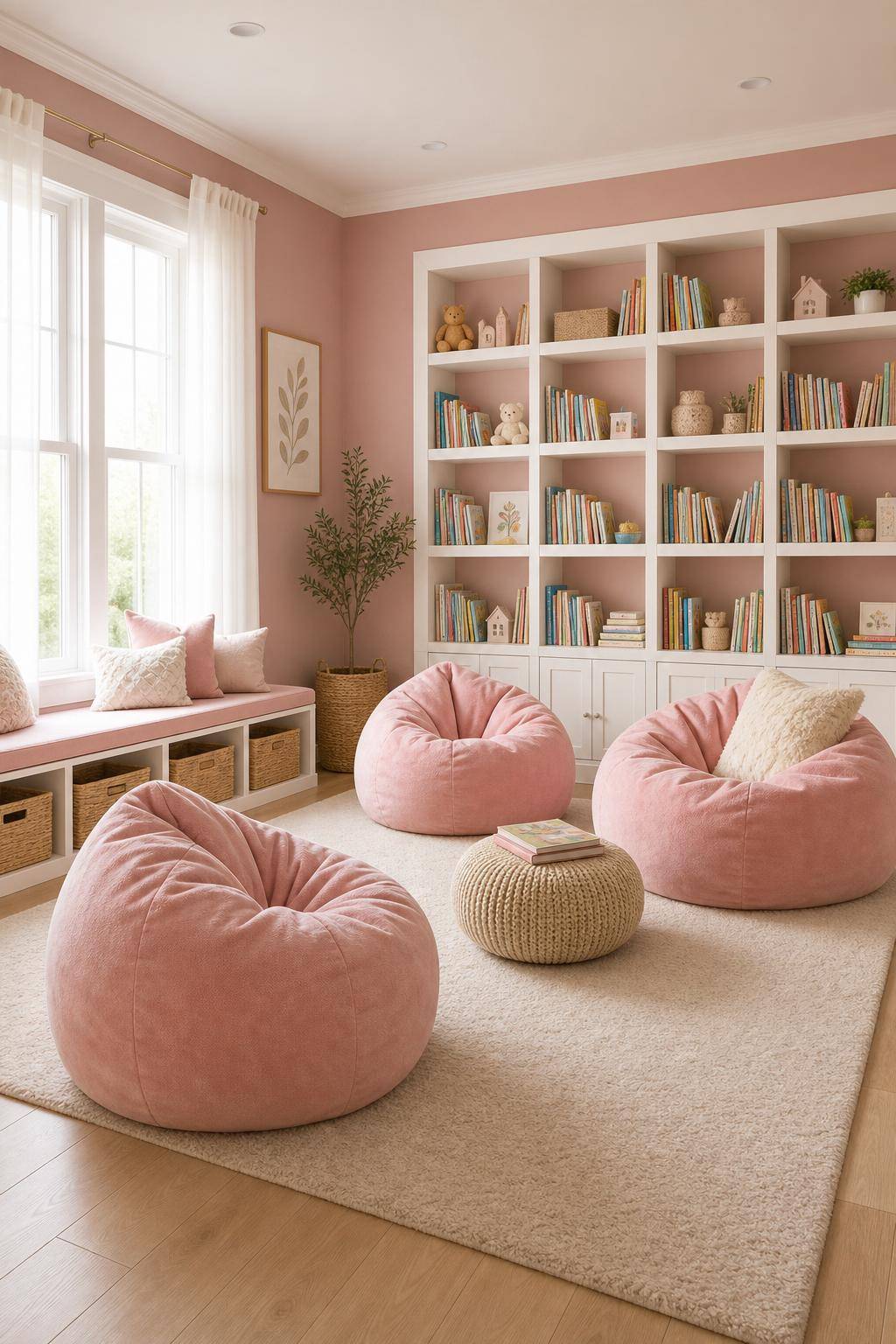 Kinderzimmer in Rosa- Schaffe eine Leseecke mit rosa Sitzsäcken