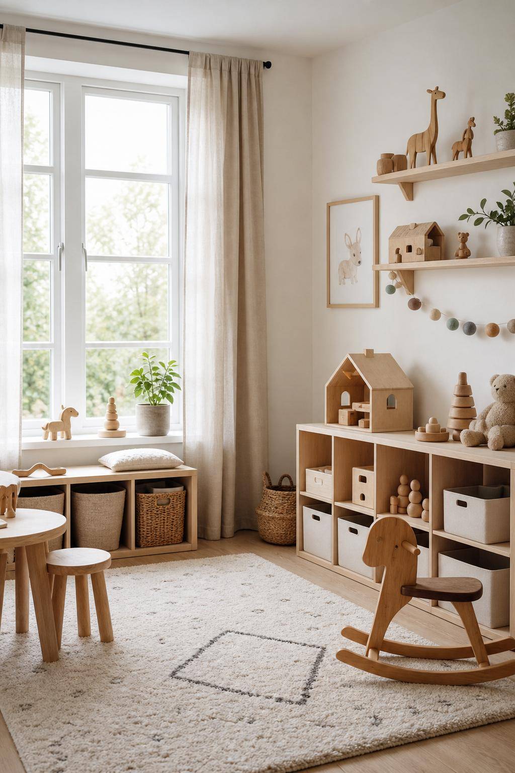 Kinderzimmer skandinavisch einrichten- Arrangiere Holzspielzeug für dekorative Ordnung