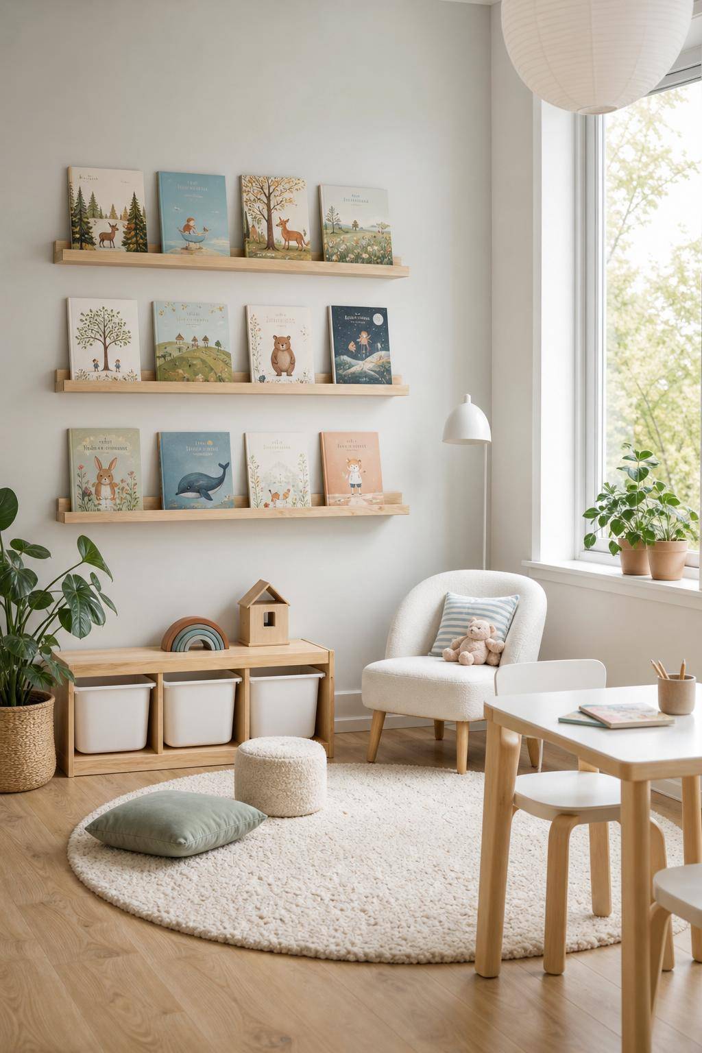 Kinderzimmer skandinavisch einrichten- Präsentiere skandinavische Bilderbücher auf offenen Regalen