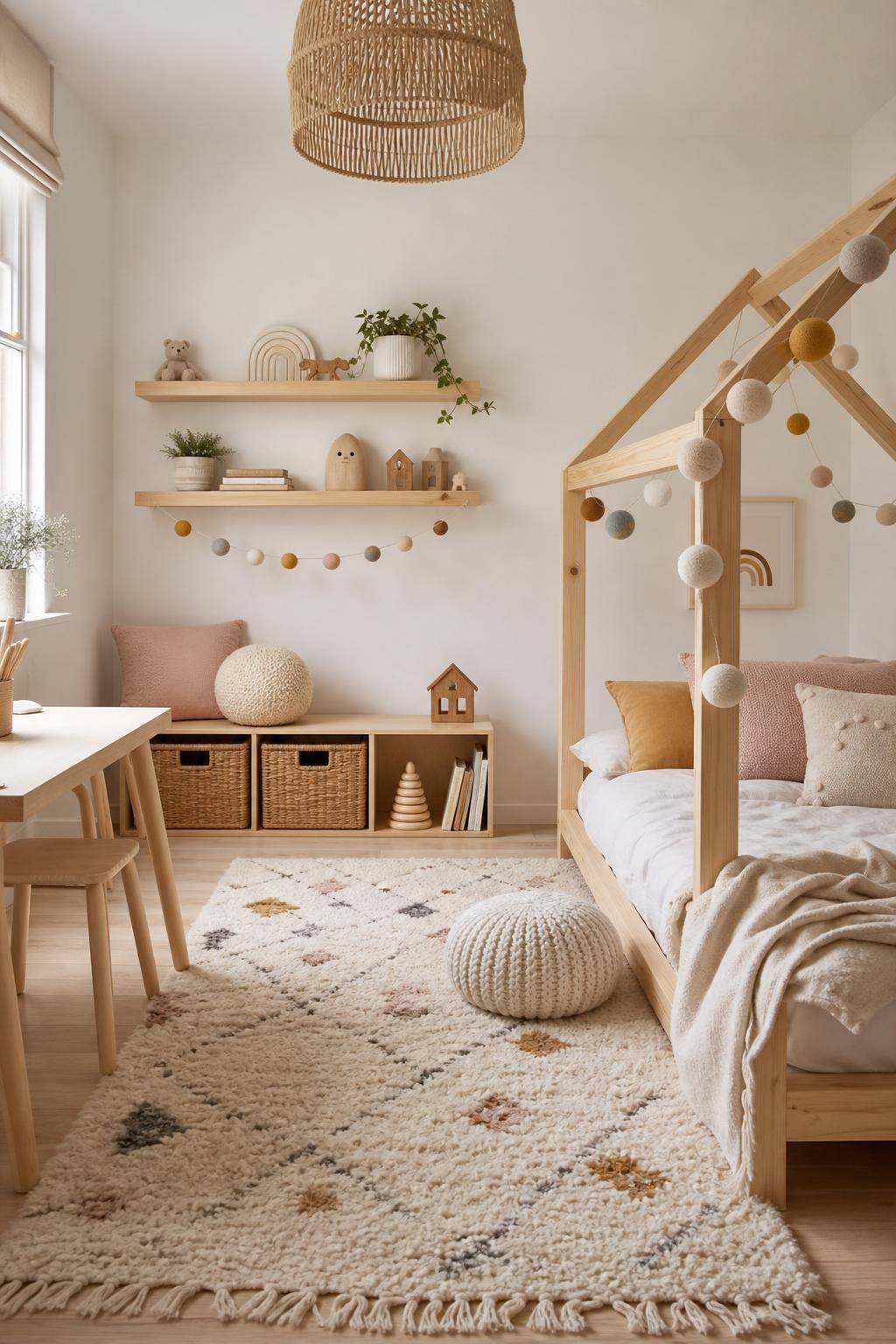 Kinderzimmer skandinavisch einrichten- Setze kleine Akzente mit Woll-Pompons und Girlanden