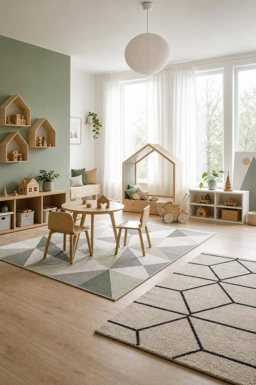 Kinderzimmer skandinavisch einrichten- Trenne Spielzonen durch unterschiedlich gemusterte Teppiche