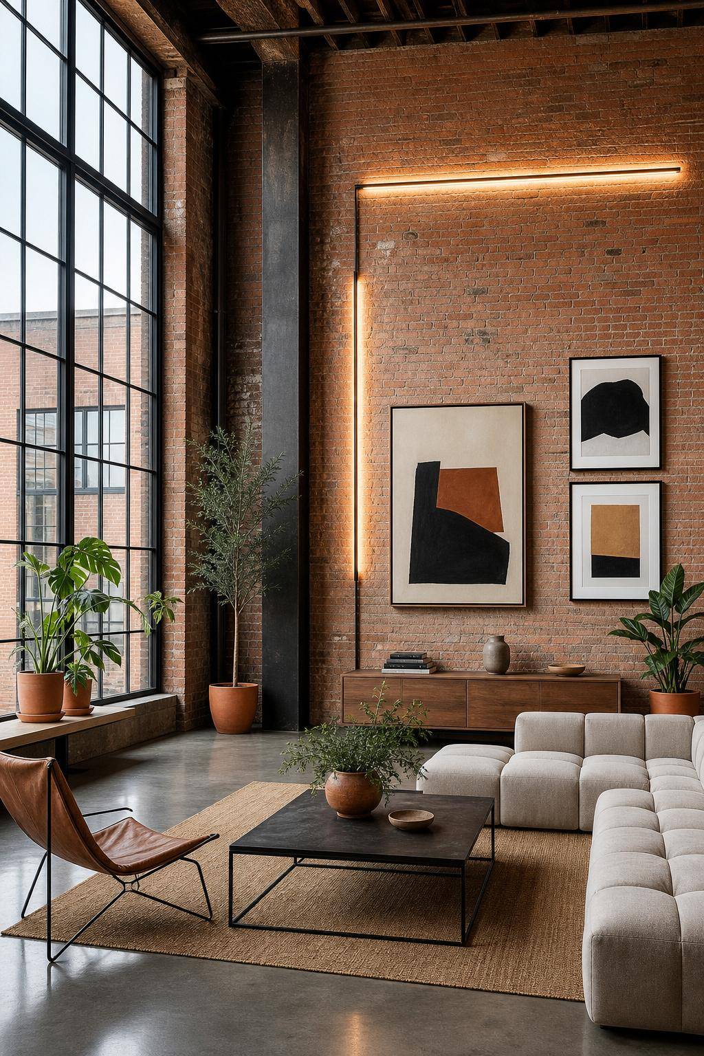Loft einrichten- Präsentiere deine Kunstwerke an Backsteinwänden