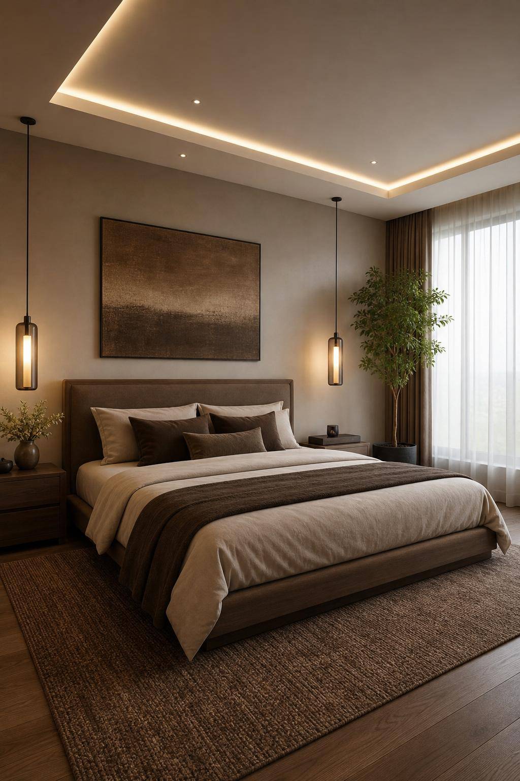Schlafzimmer in Braun- Betone das Bett mit dunklen Kissen