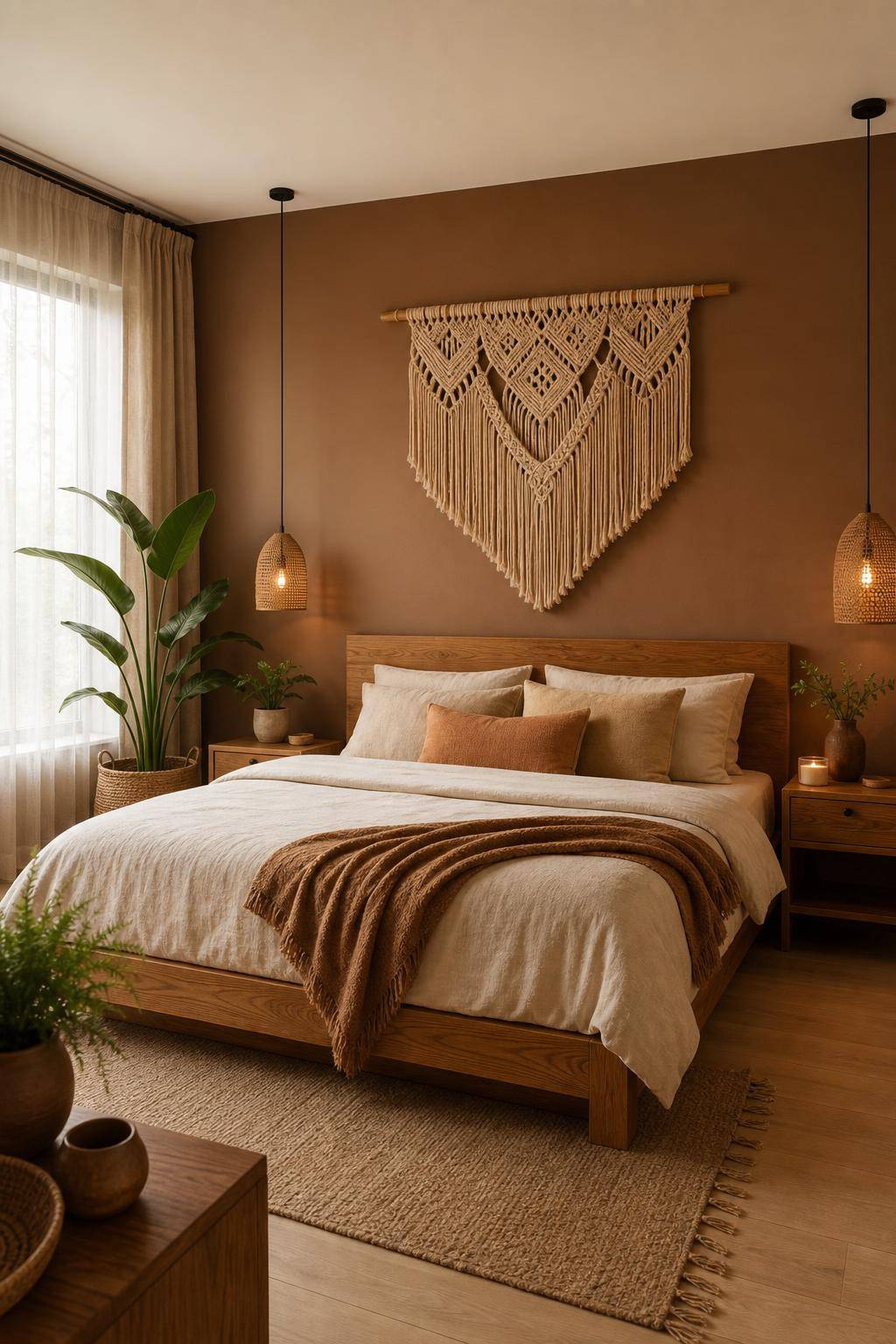 Schlafzimmer in Braun- Hänge Makramee Wandgestaltung in Karamelltönen auf
