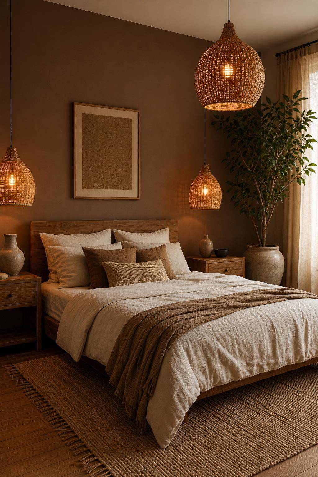 Schlafzimmer in Braun- Integriere Korblampen für erdige Beleuchtung