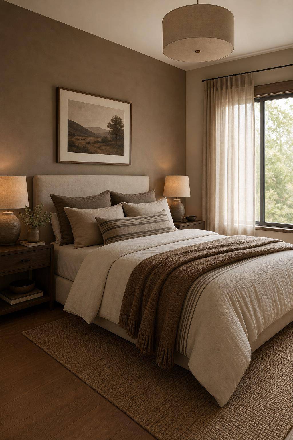 Schlafzimmer in Braun- Wähle Bettwäsche mit dezenten Braunstreifen