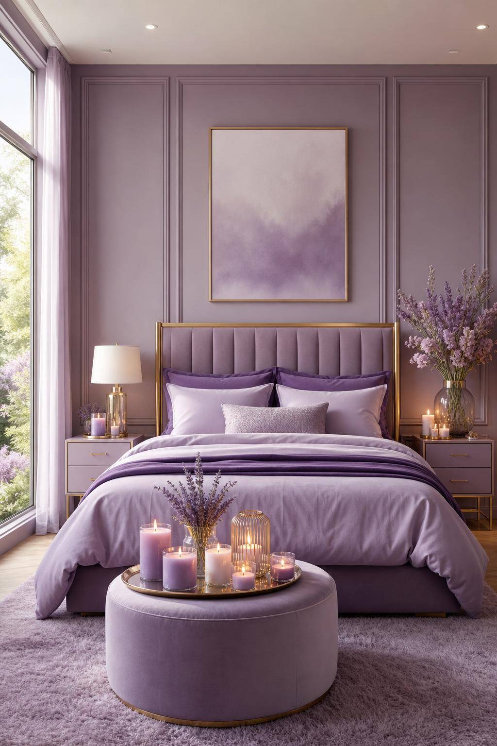 Schlafzimmer in Lila- Arrangiere duftende Kerzen in Lila-Nuancen