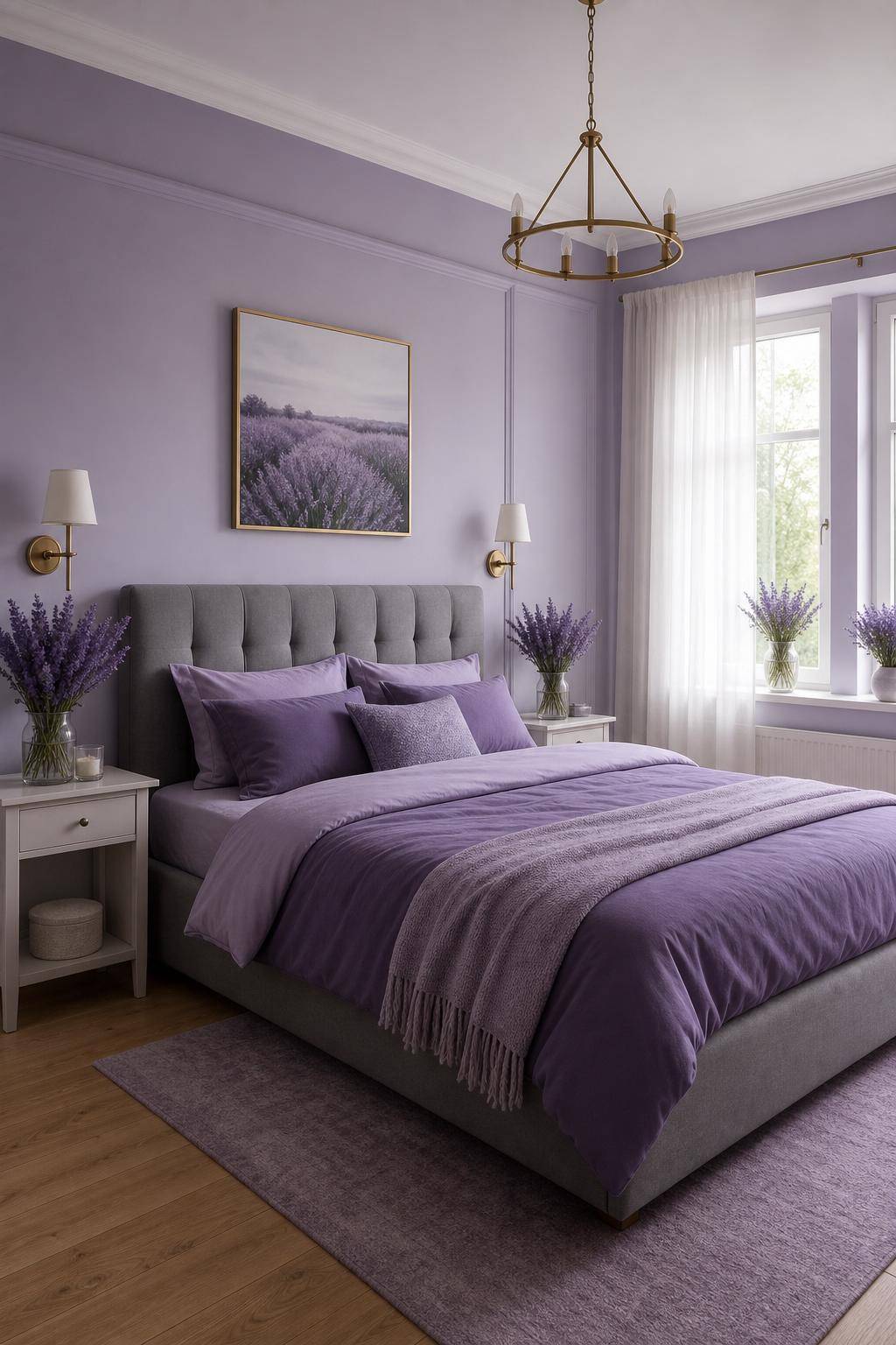 Schlafzimmer in Lila- Dekoriere mit Lavendelsträußen für Harmonie