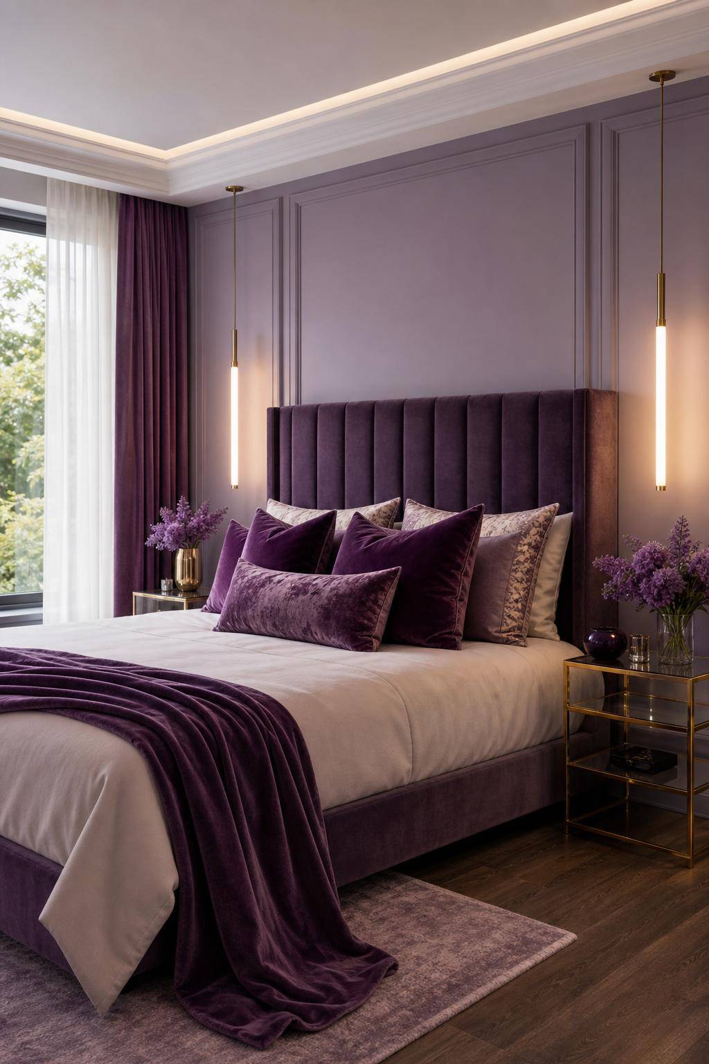 Schlafzimmer in Lila- Ergänze samtige Kissen für Gemütlichkeit