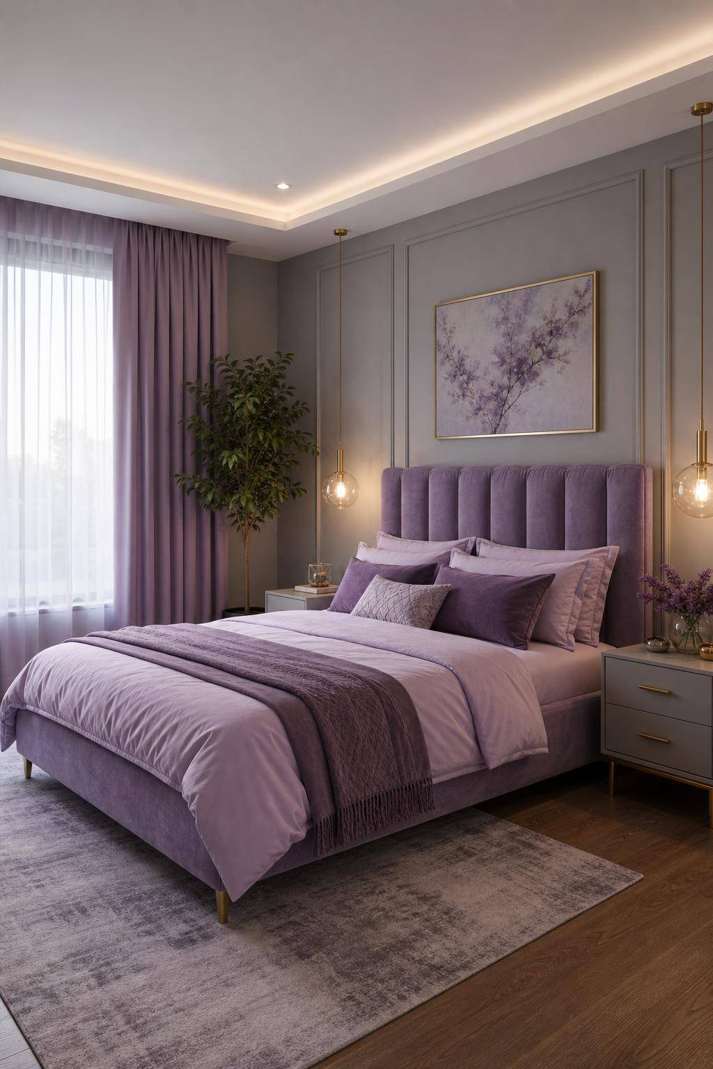 Schlafzimmer in Lila- Integriere lilafarbene Vorhänge für Weichheit