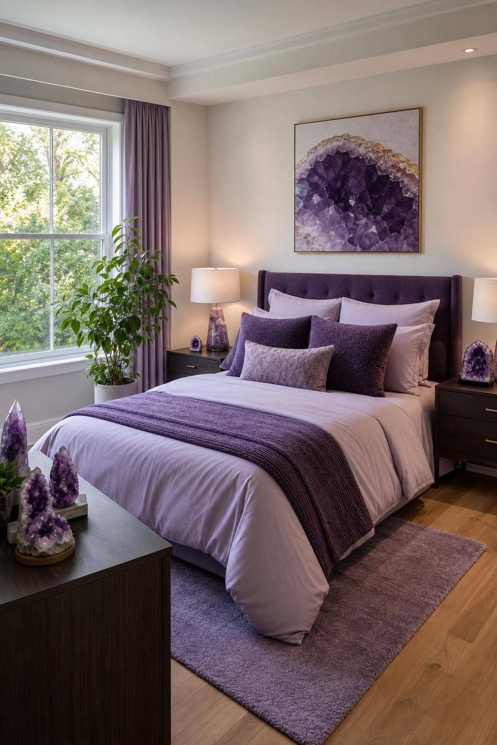 Schlafzimmer in Lila- Platziere Amethyst-Steine für positive Energie