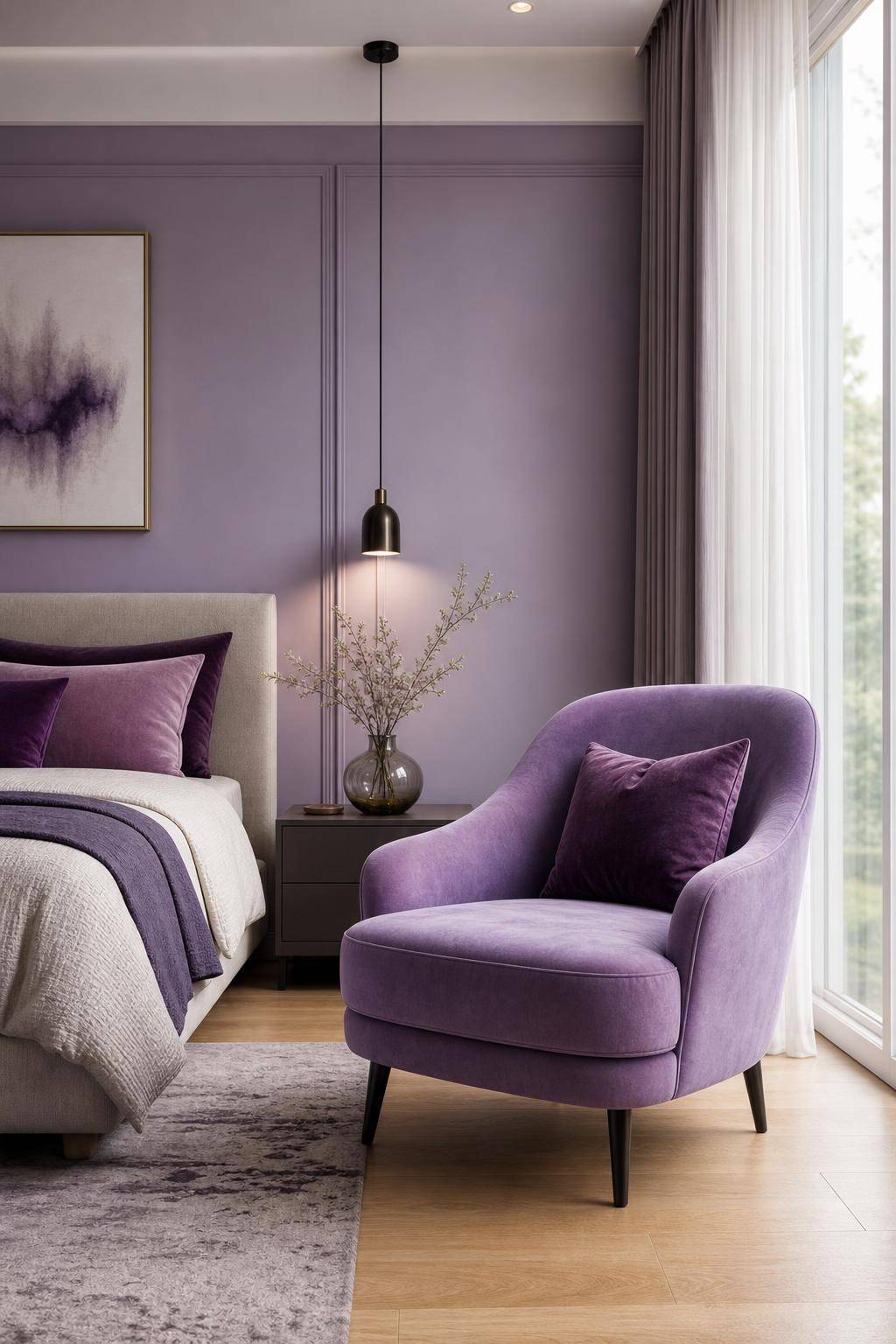 Schlafzimmer in Lila- Präsentiere Statement-Sessel mit lilanem Bezug