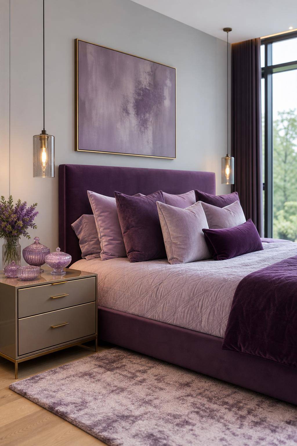 Schlafzimmer in Lila- Setze Schmuckschalen aus Glas in Lila ein