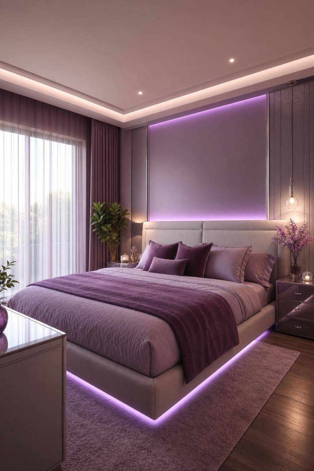 Schlafzimmer in Lila- Setze violette Lichtakzente zur Entspannung