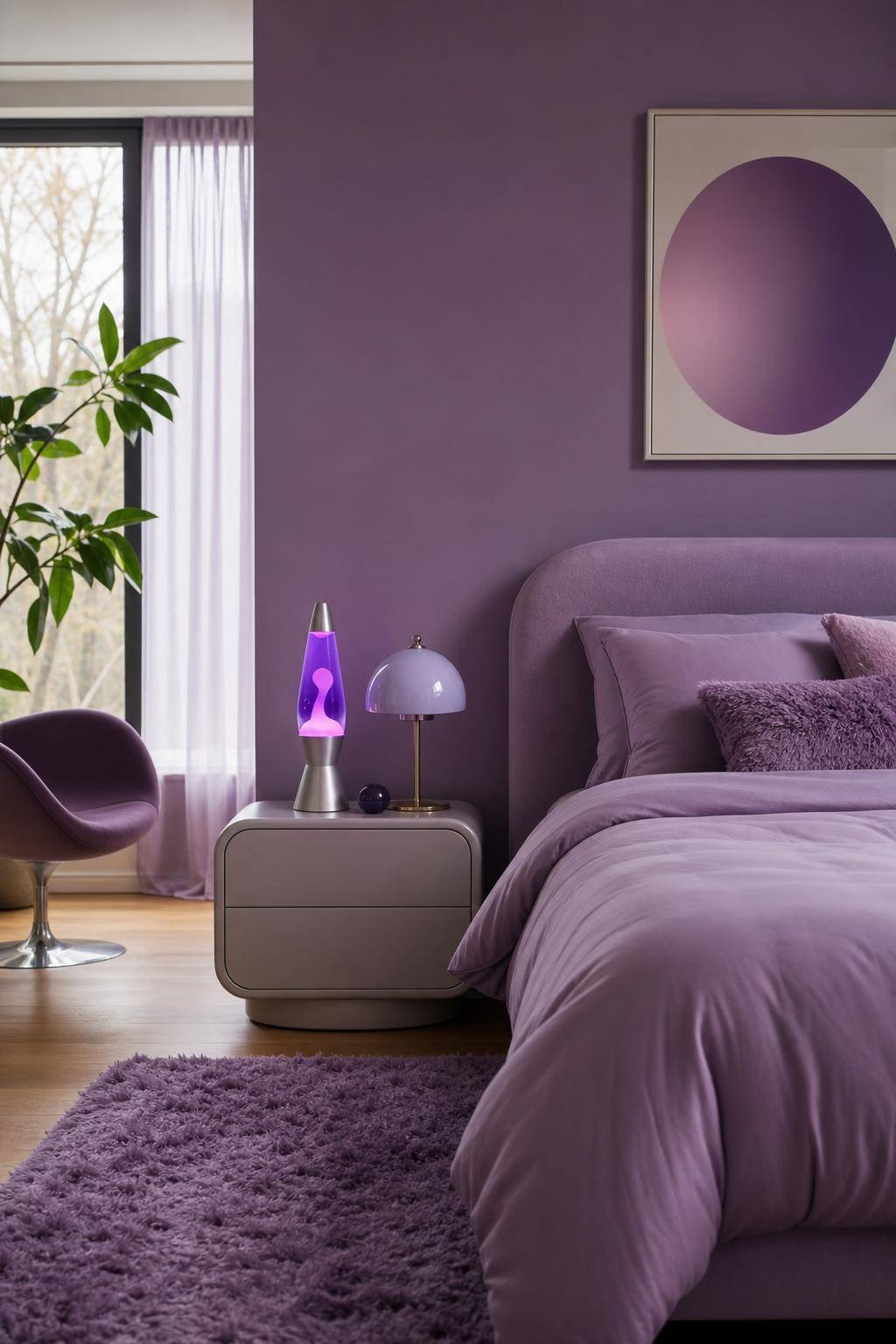 Schlafzimmer in Lila- Stelle eine Lavalampe für Retro-Flair