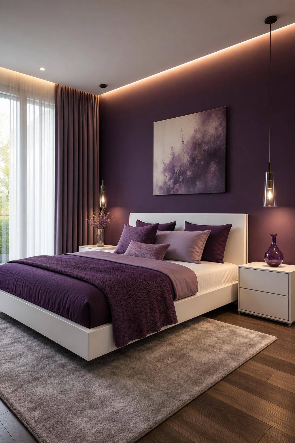 Schlafzimmer in Lila- Streiche eine Wand in Aubergine