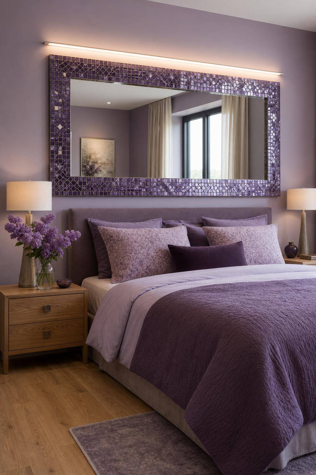 Schlafzimmer in Lila- Umrahme Spiegel mit violetten Mosaiksteinen