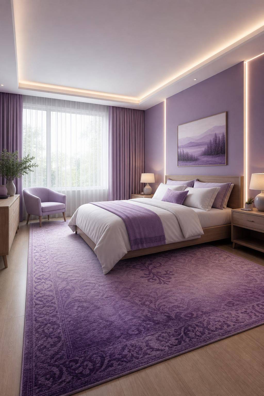 Schlafzimmer in Lila- Wähle Teppiche mit Ombre-Lila-Mustern