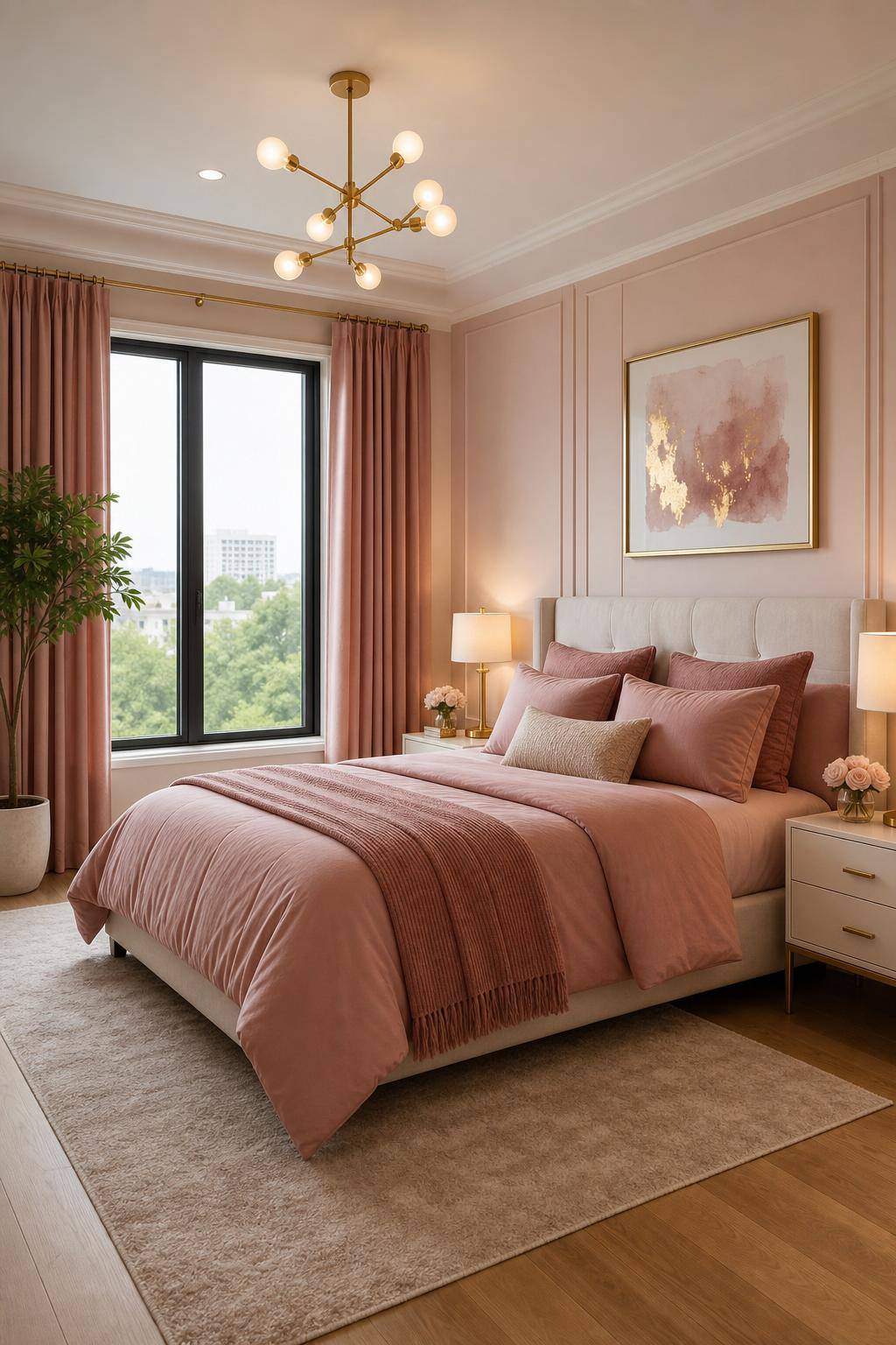 Schlafzimmer in Rosa- Betone Fenster mit rosafarbenen Vorhängen