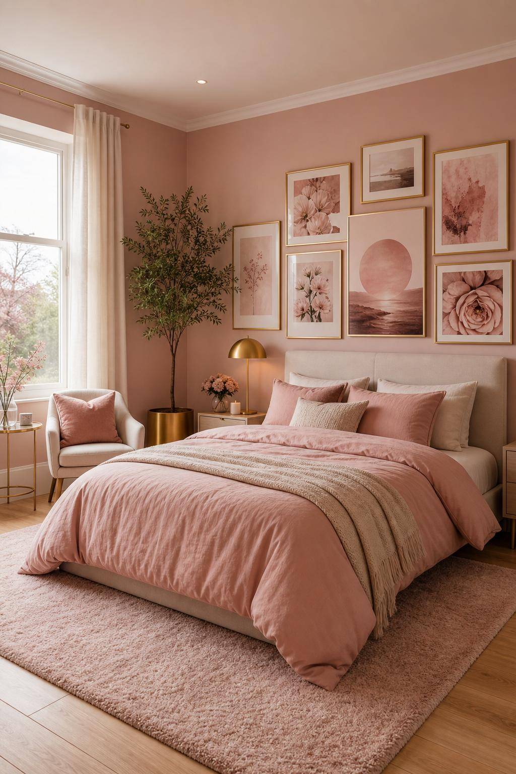 Schlafzimmer in Rosa- Gestalte eine Bilderwand in Rosé-Nuancen
