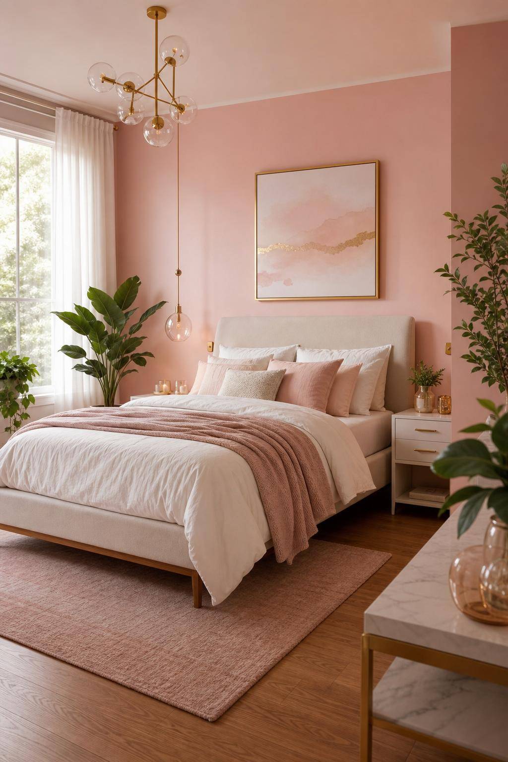 Schlafzimmer in Rosa- Integriere Pflanzen für natürlichen Kontrast