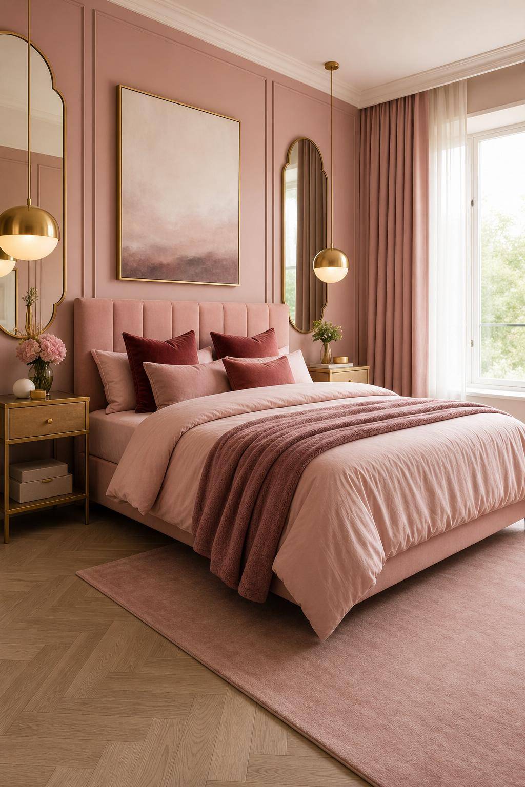Schlafzimmer in Rosa- Kombiniere Rosatöne mit Gold-Accessoires