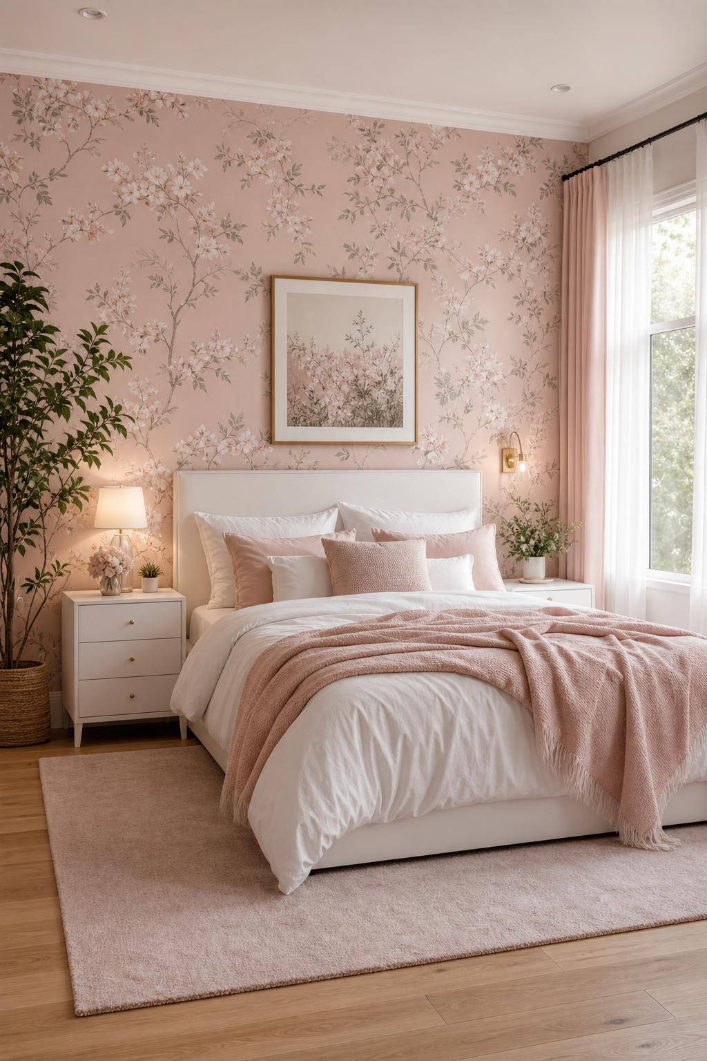 Schlafzimmer in Rosa- Nutze Tapeten mit zartrosa Mustern