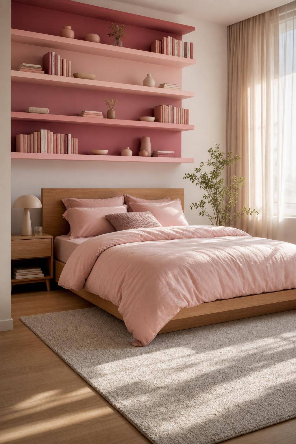 Schlafzimmer in Rosa- Ordne offene Regale in Rosatönen an