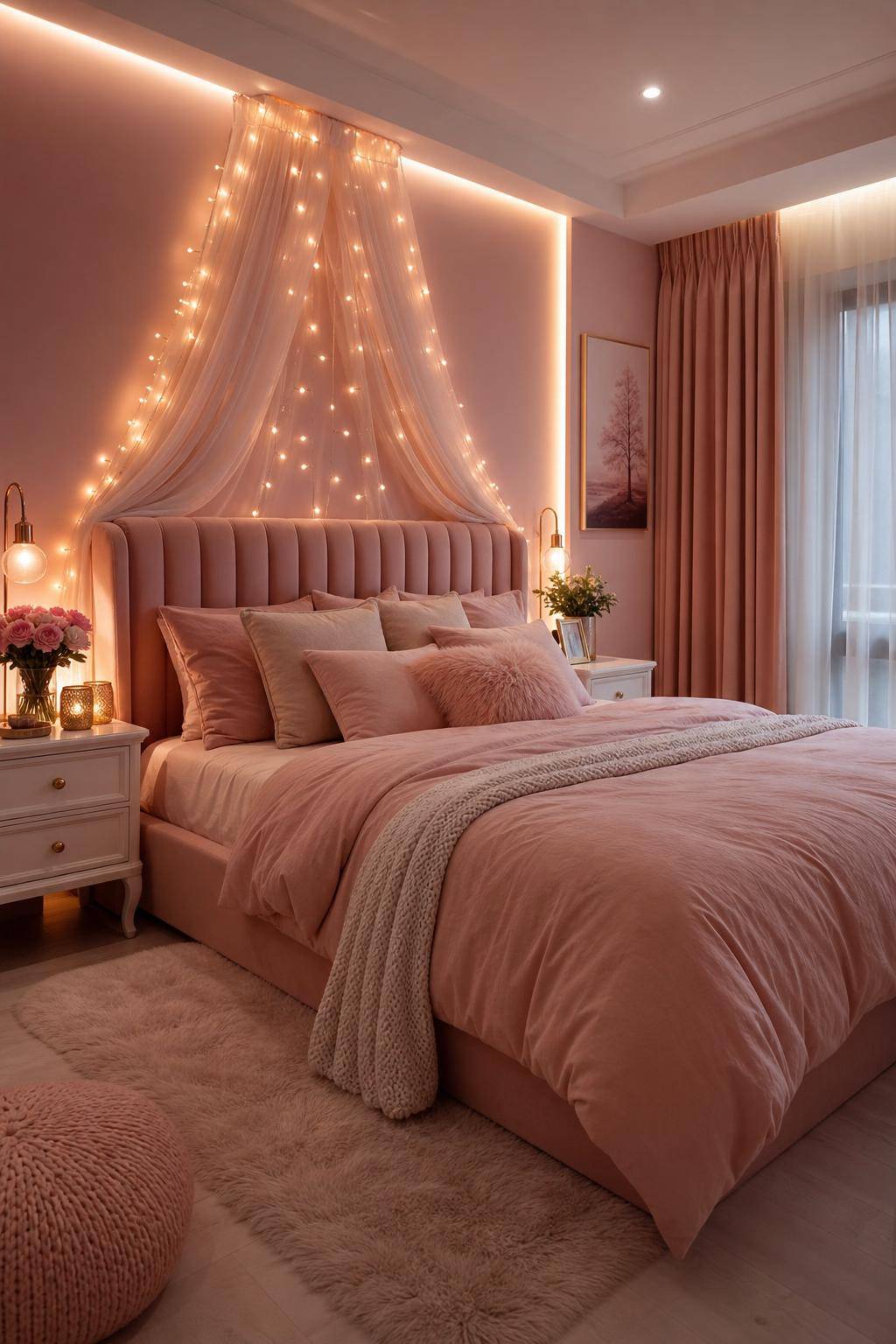 Schlafzimmer in Rosa- Streue helle Lichterketten für romantisches Ambiente