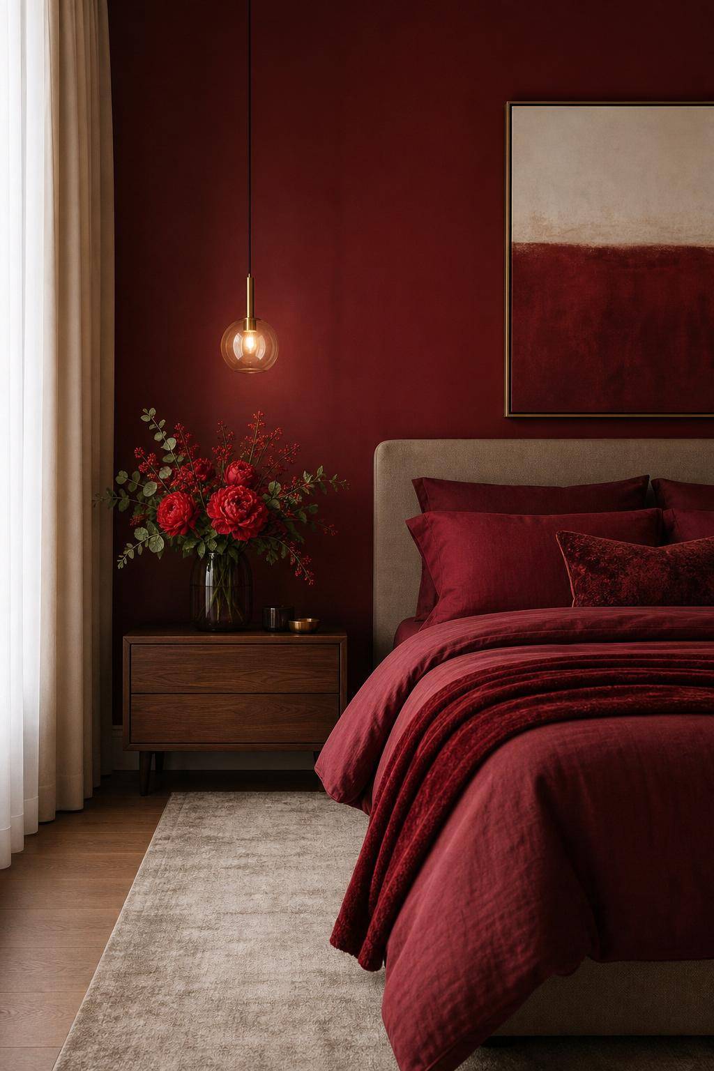 Schlafzimmer in Rot- Arrangiere rote Blumen auf deinem Nachttisch
