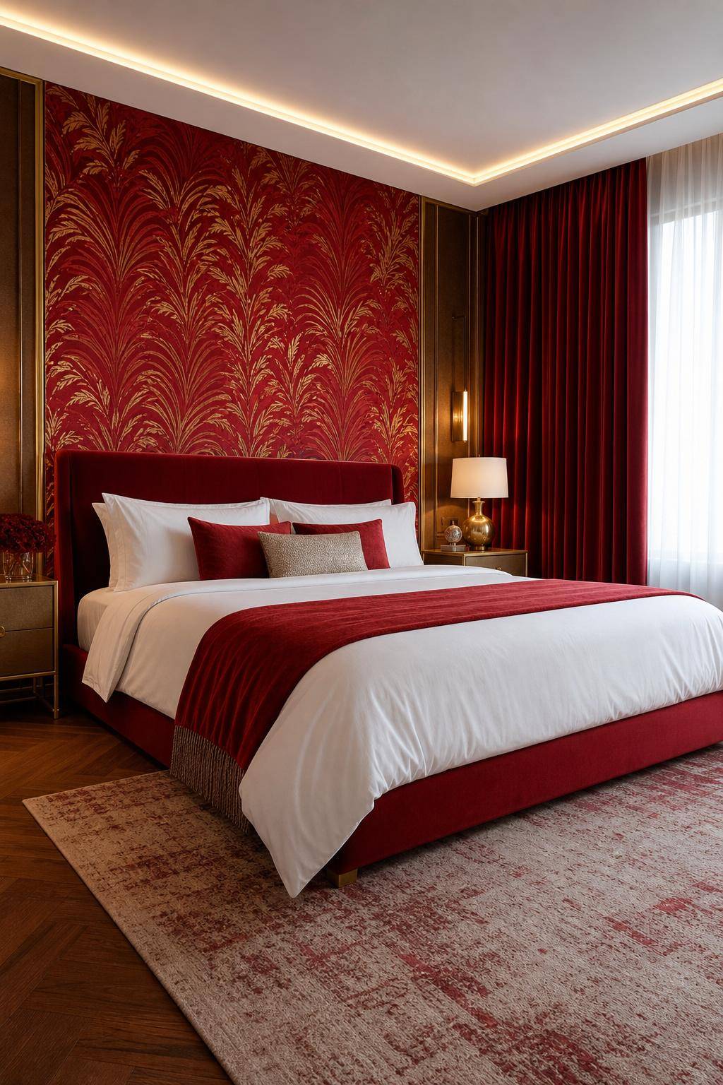 Schlafzimmer in Rot- Integriere rote Tapeten für extravagantes Flair
